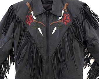 Vintage 90s Women’s Black Leather Biker Jacket with Fringe, Roses & Swords - Large, Medium, Rocker, Metal, Boho, Coat, Tassels, Goth, Punk