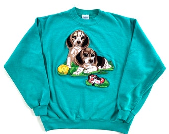 Vintage 90s Fuzzy Puppy Sweatshirt - Teal, Large, Unisex, Made in USA - Embroidered, Needlepoint, Kitschy, Handmade, Cute, Kawaii, Granny