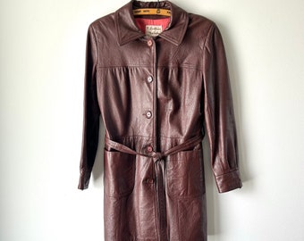 Vintage 70s Brown Leathers by New England Long Trench Coat - Women’s Small Medium, Soft, Boho, Hippie, Mod, Retro, Jacket, Rocker, Lined