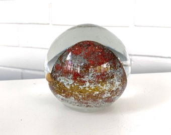 Vintage 80s Art Glass Paperweight - Red and Mustard Yellow - Large - 4” tall - JPK