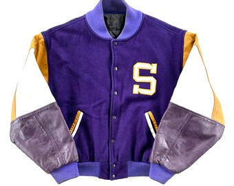 Vintage 70s Varsity SPARTANS Leather & Wool  Jacket - Purple, Mustard Yellow Men’s Large, Letterman, High School, Sports, Pockets, College