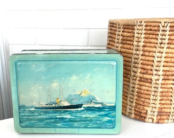 1950s Vintage Milady Waller & Hartley Confectionery Tin, England - Ship, Turquoise, Nautical, Graphic, Biscuit, Blue, Seahorse, Ocean TB704