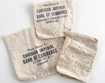 Lot of 3 Vintage Canvas Bank Coin Bags - Canadian Imperial Bank of Commerce, Bank of Montreal, Toronto, Graphics, Remnants, Beige, CIBC BMO