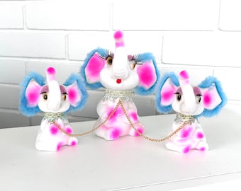 Vintage 80s Neon Pink, Blue & White Elephant Figurines - Hong Kong, Trio, Retro, Nursery, Plastic, Fuzzy, Animal, Kitsch, Kawaii, Set, Girly