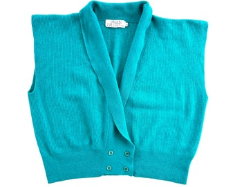 Vintage Turquoise Wool Angora Sweater Vest, Boxy, Oversized - Women’s Large, 80s, 90s Boho, Soft, Fashion Gallery, Teal, Sleeveless, Shirt