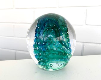 Vintage 70s Jerpoint Glass Studio Paperweight - Ireland, Blue, Green, 4” Tall