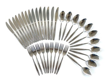 Set of 25 Vintage Stainless Korea Flatware Cutlery - Floral Rose Pattern, Mid Century, 70s, Retro, Boho, Flowers, Serving, Hippie 8 Settings