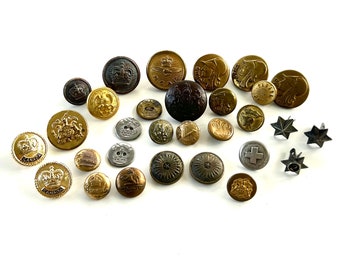 Vintage Military Brass Button & Stars 30 Piece Lot - Notions, Crafts, Crown, RCAF, Retro, Large Small, Metal, Uniform, Set, CWAC, Canada