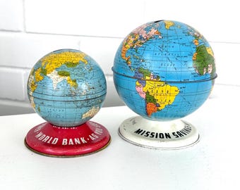 Vintage Tin Globe Banks: 1950s-60s World & Mission Savings, Metal, Kids, Nursery, Antique, Turquoise, Collection, Map