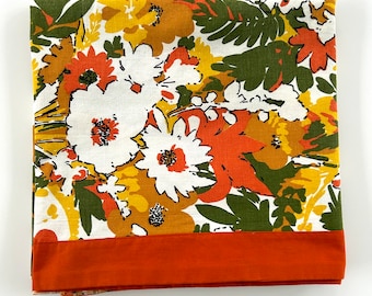 Vintage 60s 70s Flower Floral Cotton Tablecloth or Fabric - Retro, Orange, White, Yellow, Green, Material, Mod, Mid Century, Square, Boho