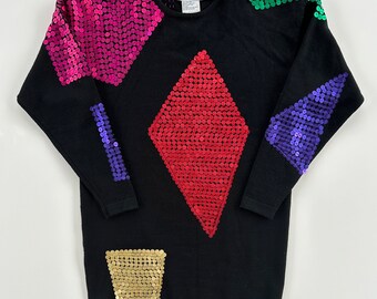 Vintage 80s Debbie Shuchat Geometric Sequin Sweater Dress, Purple Red Pink Green Gold Black, Women’s Small, Punk, Retro, Wool, NYE Handmade