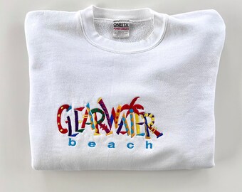 Vintage 90s Embroidered Clearwater Beach Sweatshirt - 80s, XL Large, Unisex, Oversized, White, Florida, Tourist, Dad, Oneita, Retro, Baggy