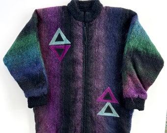 Vintage 80s Jinx Canada Geometric Mohair Coat Jacket Sweater, Purple, Turquoise, Black Women’s Medium Large, Zipper, Pockets, Punk, Handmade