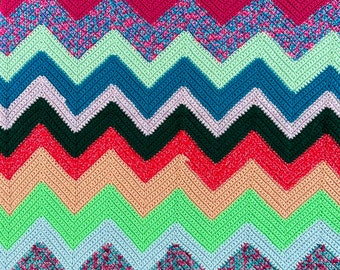 Vintage Crochet Knit Granny Rainbow Afghan Blanket Throw Handmade - 46” x 58” - 80s 90s Roseanne, Twin, Lap, Chevron, Eclectic, Striped,l