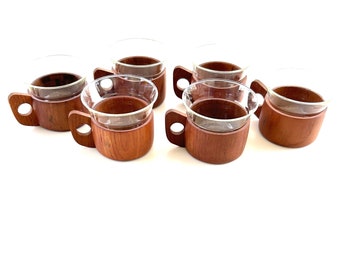 Vintage Teak Schott Mainz Mugs - Coffee Tea Cup - Set of 6 Denmark, Danish Modern, MCM, Mid Century, Retro, Brown, Wood, Jena Glass, 60s mod