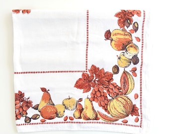 Vintage 60s 70s Linen Thanksgiving Tablecloth - Orange, Yellow, Black, Rectangular, Pumpkin, Fall, Autumn, 48 x 64 Retro, Mid Century, Leaf