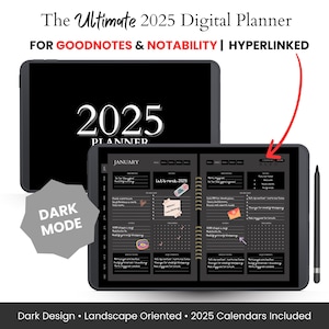 Op de afbeelding: Een digitale planner voor Goodnotes en Notability, met een donker ontwerp en een 2025-kalender. De planner is open op de januari-pagina, met een kalender, een takenlijst en notitiegedeeltes. De planner is voorzien van hyperlinks en bevat kalenders voor 2025.