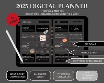 Digitaler Planer im dunklen Modus, digitaler Planer im dunklen Modus, dunkler digitaler Planer, digitaler Planer dunkel, digitaler Planer 2025, schwarzer Planer