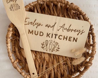 Personalised Wooden Mud Kitchen Sign and Utensil