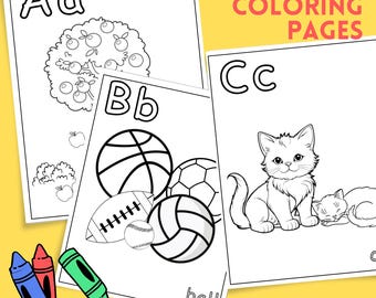 May include: Alphabet coloring pages with illustrations of an apple tree, sports balls, and a cat. The pages are 8.5 x 11 inches and include the letters A, B, and C. Three crayons in blue, red, and green are in the lower left corner.