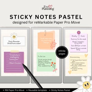 Puede incluir: Diseño de notas adhesivas pastel digitales para reMarkable Paper Pro Move. La imagen muestra tres notas adhesivas digitales con varias tareas, recordatorios y objetivos. Las notas son de colores pastel con acentos florales y de margarita. Incluye un lápiz óptico.