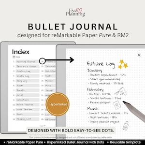 Bullet Journal progettato per carta reMarkable Pure / Darker Bullets 112 pagine / Quaderno a griglia di punti con collegamenti ipertestuali, modello Bujo e spazio per prendere appunti