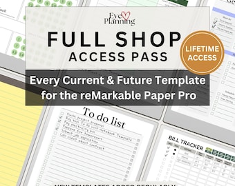 Può includere: Una collezione digitale di modelli di produttività per reMarkable Paper Pro, che include un pass di accesso completo al negozio, accesso a vita, tracker giornalieri, liste di cose da fare e tracker delle bollette con testo nero su sfondo bianco.