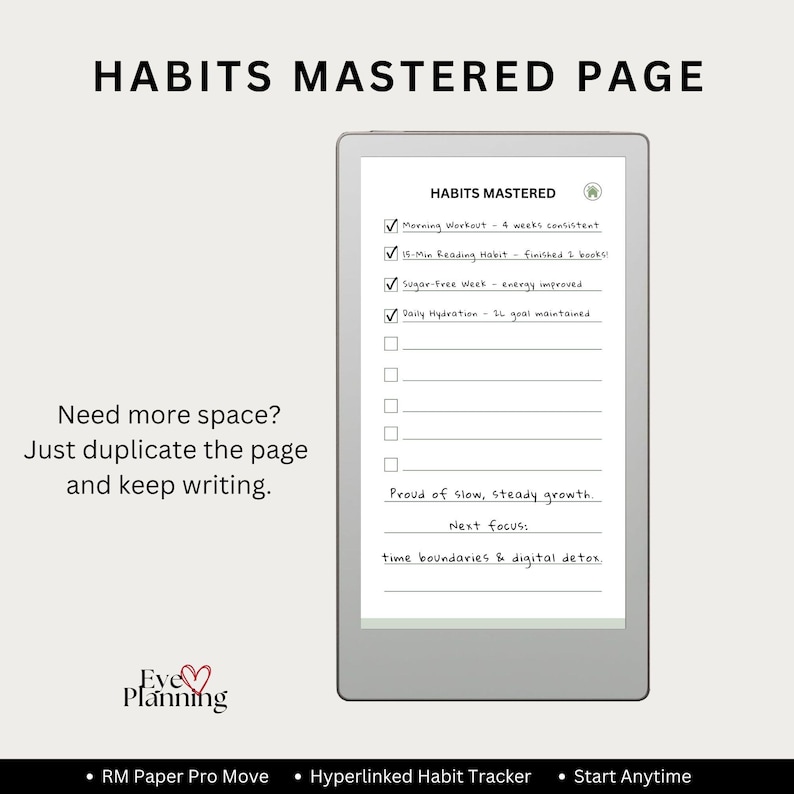 Habits Mastered reflection page for tracking progress in the Habit Tracker for the reMarkable Paper Pro Move