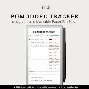 Può includere: Un Pomodoro Tracker digitale progettato per reMarkable Paper Pro Move. Il tracker mostra attività, Pomodoros e note. Uno stilo nero è posizionato a destra del tablet. Il testo include "POMODORO TRACKER" e "Finish weekly report".