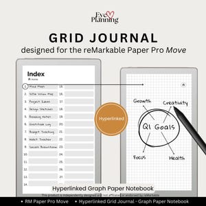 May include: A digital grid journal designed for the reMarkable Paper Pro Move. The image shows two tablets with the text "Grid Journal" and "Hyperlinked Graph Paper Notebook". One tablet displays an index, the other a mind map with "Q1 Goals".