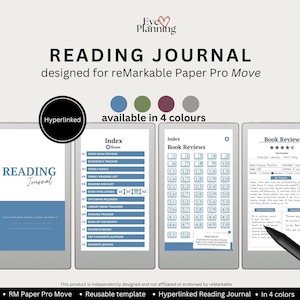 May include: A digital reading journal template for reMarkable Paper Pro Move, featuring a cover page, index, book review tracker, and reading list. The layout includes hyperlinked navigation, blue accents, and text fields for book titles, authors, and personal notes.