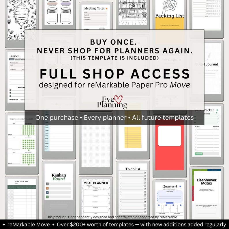 Full Access Pass for reMarkable Paper Pro Move showing lifetime access to all planner templates in the EyelovePlanning shop.