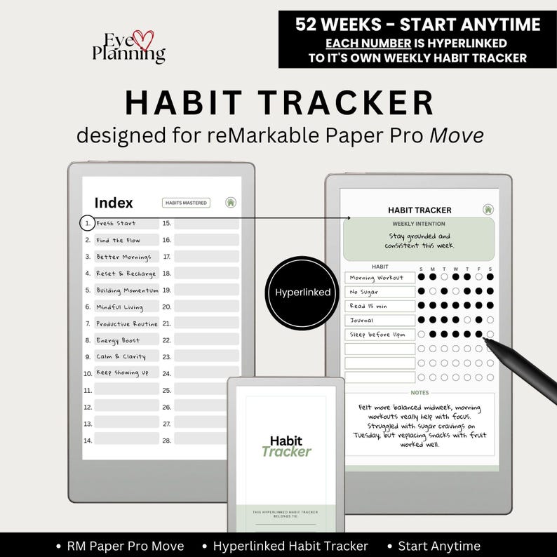Weekly habit planner layout with daily checkmarks and intention section for the reMarkable Paper Pro Move