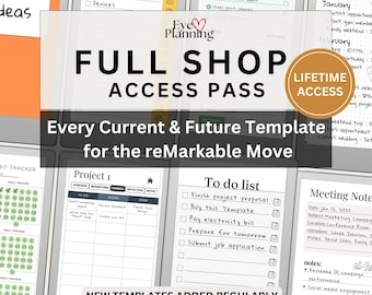 May include: A digital collection of templates for the reMarkable Move tablet, featuring a Full Shop Access Pass with lifetime access. The display shows various planning pages including a packing list, task tracker, project board, and to-do list.