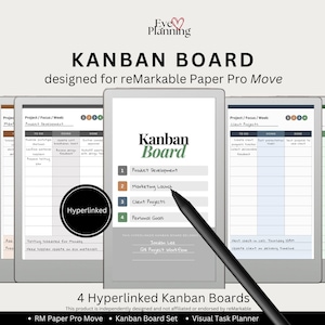 May include: Four hyperlinked Kanban boards designed for reMarkable Paper Pro Move. The boards display a Kanban Board title with sections for Product Development, Marketing Launch, Client Projects, and Personal Goals. A black stylus points to the Marketing Launch section.