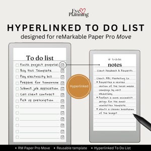Op de afbeelding: Twee digitale tablets met een takenlijst en notities, verbonden door een hyperlinkafbeelding. De tekst luidt "HYPERLINKED TO DO LIST" en "designed for reMarkable Paper Pro Move". De takenlijst bevat taken zoals "Finish project proposal" en "Pay electricity bill".