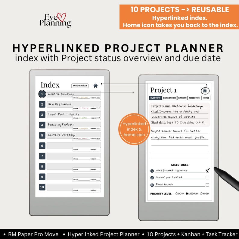 Hyperlinked Project Planner for Remarkable Paper Pro Move | Project ...