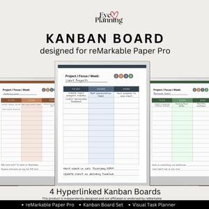 Op de afbeelding: Een digitale Kanban board set ontworpen voor reMarkable Paper Pro. De afbeelding toont vier hyperlinked boards met secties voor 'To Do', 'Doing' en 'Done'. Elk bord is kleurgecodeerd en bevat tekst voor projectmanagement.