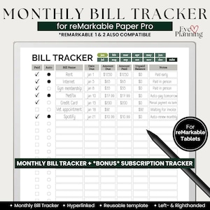 Puede incluir: Un rastreador de facturas mensual digital para tabletas reMarkable Paper Pro. El planificador digital muestra un rastreador de facturas con columnas para el nombre de la factura, la fecha de vencimiento, el importe adeudado y el estado de pago. El texto "Monthly Bill Tracker" está en la parte superior.