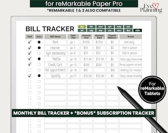 Monthly Bill Tracker for reMarkable Paper Pro | Subscription + Bill Payment Tracker | Finance Organizer reMarkable 2 Monthly Budget Planning