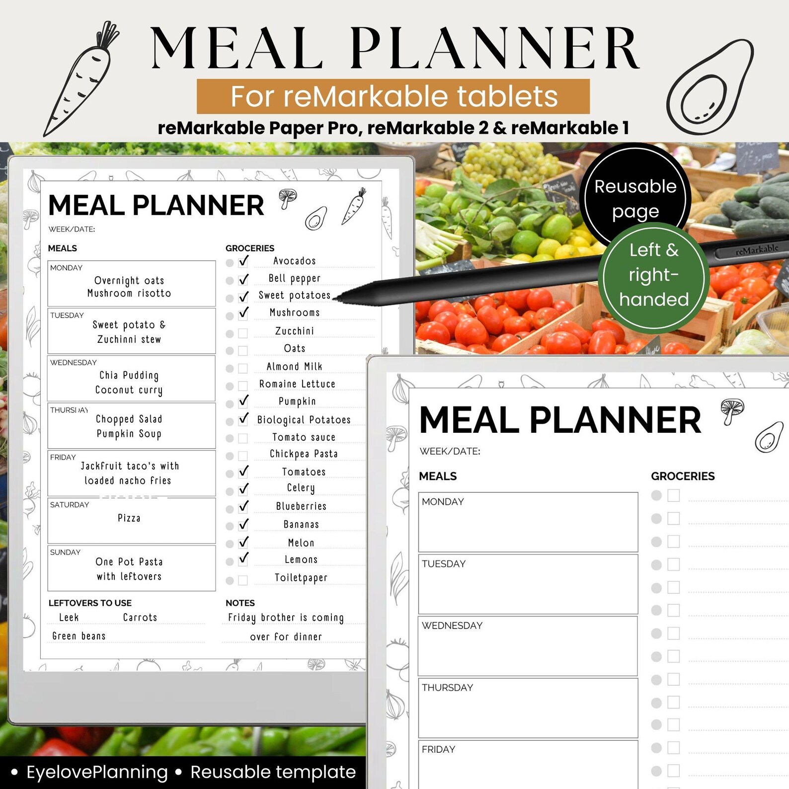 Weekly Meal Planner With Grocery List | 7 Day Menu Plan | Reusable ...