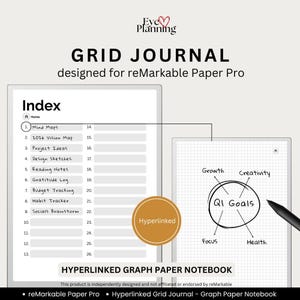 May include: A digital grid journal designed for reMarkable Paper Pro. The image shows a digital notebook with an index, including sections for mind maps, project ideas, and habit tracking. A second digital notebook displays a Q1 Goals diagram. The text "Hyperlinked Graph Paper Notebook" is also visible.