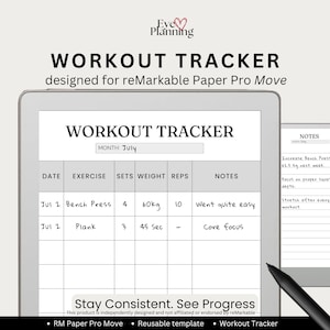 Op de afbeelding: Een digitale workout-tracker-sjabloon voor reMarkable Paper Pro Move-tablets. Het scherm toont een tabel met kolommen voor datum, oefening, sets, gewicht, herhalingen en notities, met handgeschreven invoer voor de maand juli.