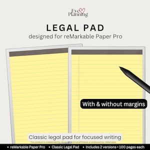 Könnte beinhalten: Gelbes Notizblock-Design für reMarkable Paper Pro, mit und ohne Ränder. Das Notizblock zeigt den Text "LEGAL PAD" und "Classic legal pad for focused writing". Enthält 2 Versionen und je 100 Seiten.