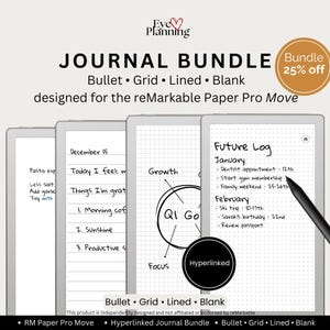 May include: A digital journal bundle for the reMarkable Paper Pro Move featuring bullet, grid, lined, and blank page templates. The display shows handwritten notes, a future log, and a Q1 goal diagram. A black stylus is visible on the screen.