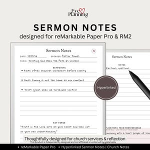 Könnte beinhalten: Digitale Predigtnotiz-Vorlage für reMarkable Paper Pro und RM2 Tablets. Das Layout enthält Felder für Datum, Sprecher, Thema, Kernpunkte und Vers. Ein schwarzer Eingabestift ist auf einer zweiten Seite zu sehen. Text: "Sermon Notes" und "Hyperlinked".