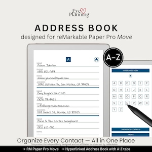 May include: An address book designed for reMarkable Paper Pro Move. The image shows a digital address book with an A-Z index and contact information fields. The text "Organize Every Contact - All in One Place" is also visible.