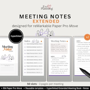 Può includere: Un modello digitale per appunti di riunione per reMarkable Paper Pro Move, con una pagina di copertina, un indice con 50 slot e pagine dettagliate per gli appunti con elenchi puntati, tutti dotati di collegamenti ipertestuali.
