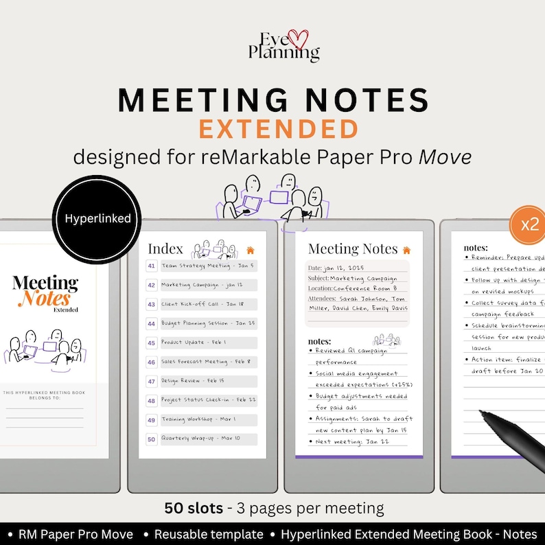 Extended Meeting Notes Template for Remarkable Paper Pro Move | 50 ...