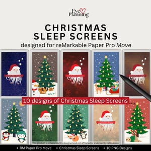 May include: A digital product featuring ten Christmas-themed sleep screen designs for reMarkable Paper Pro Move. The designs include illustrations of Santa Claus, Christmas trees, and winter scenes. The product is available in PNG format.